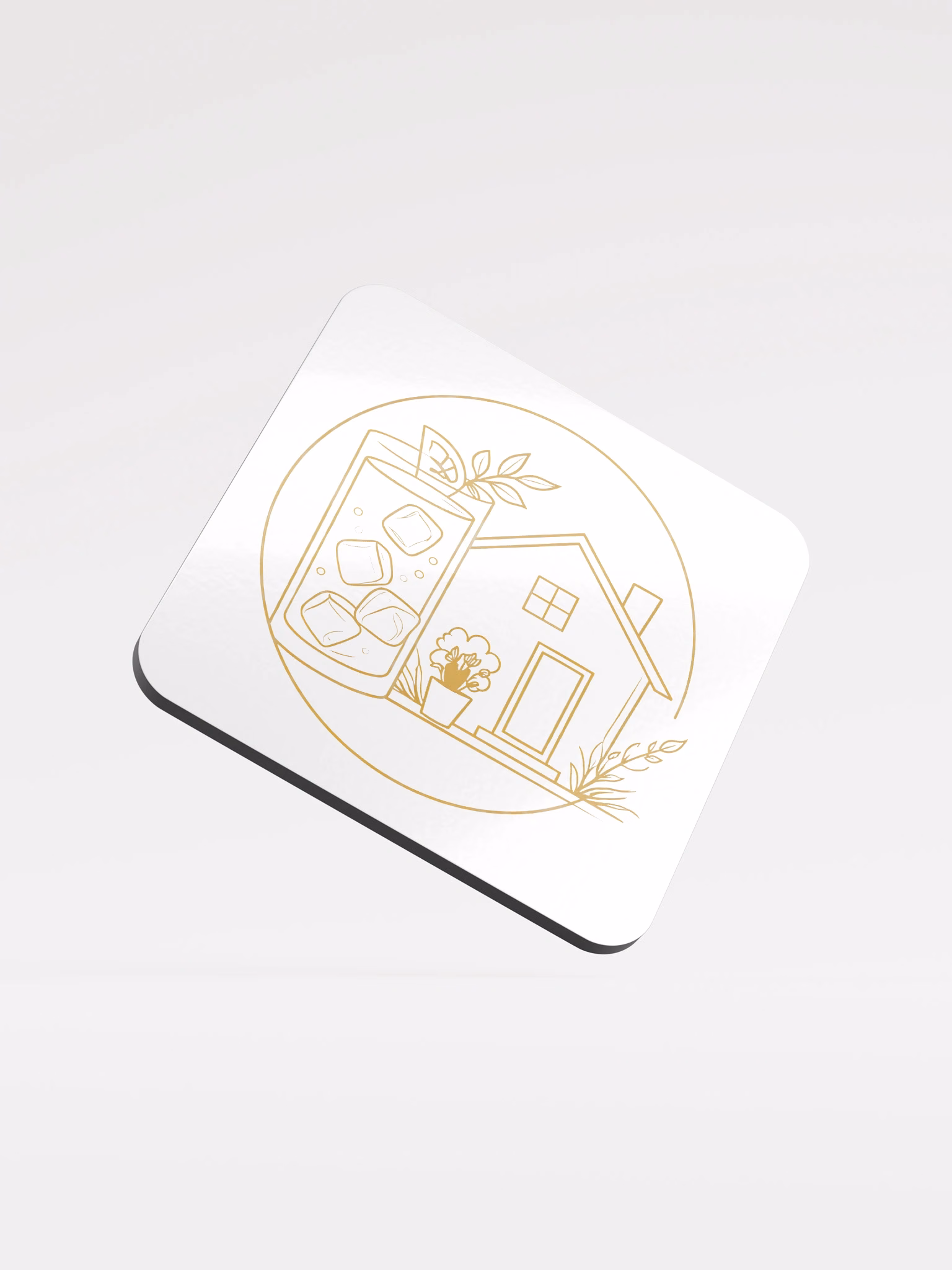 White coaster with gold line-art crest of a highball and house