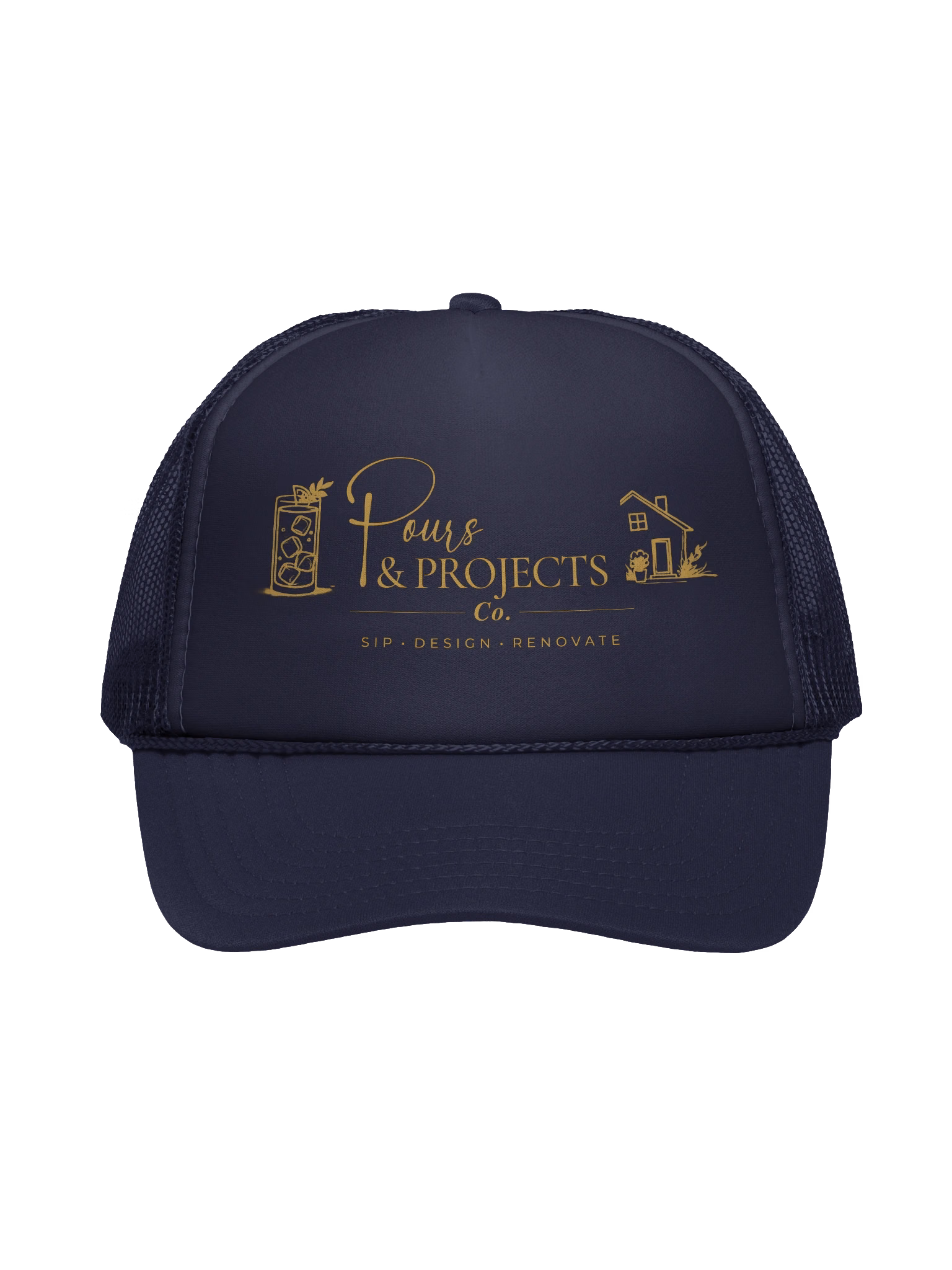 Navy trucker cap with full gold logo and Sip Design Renovate
