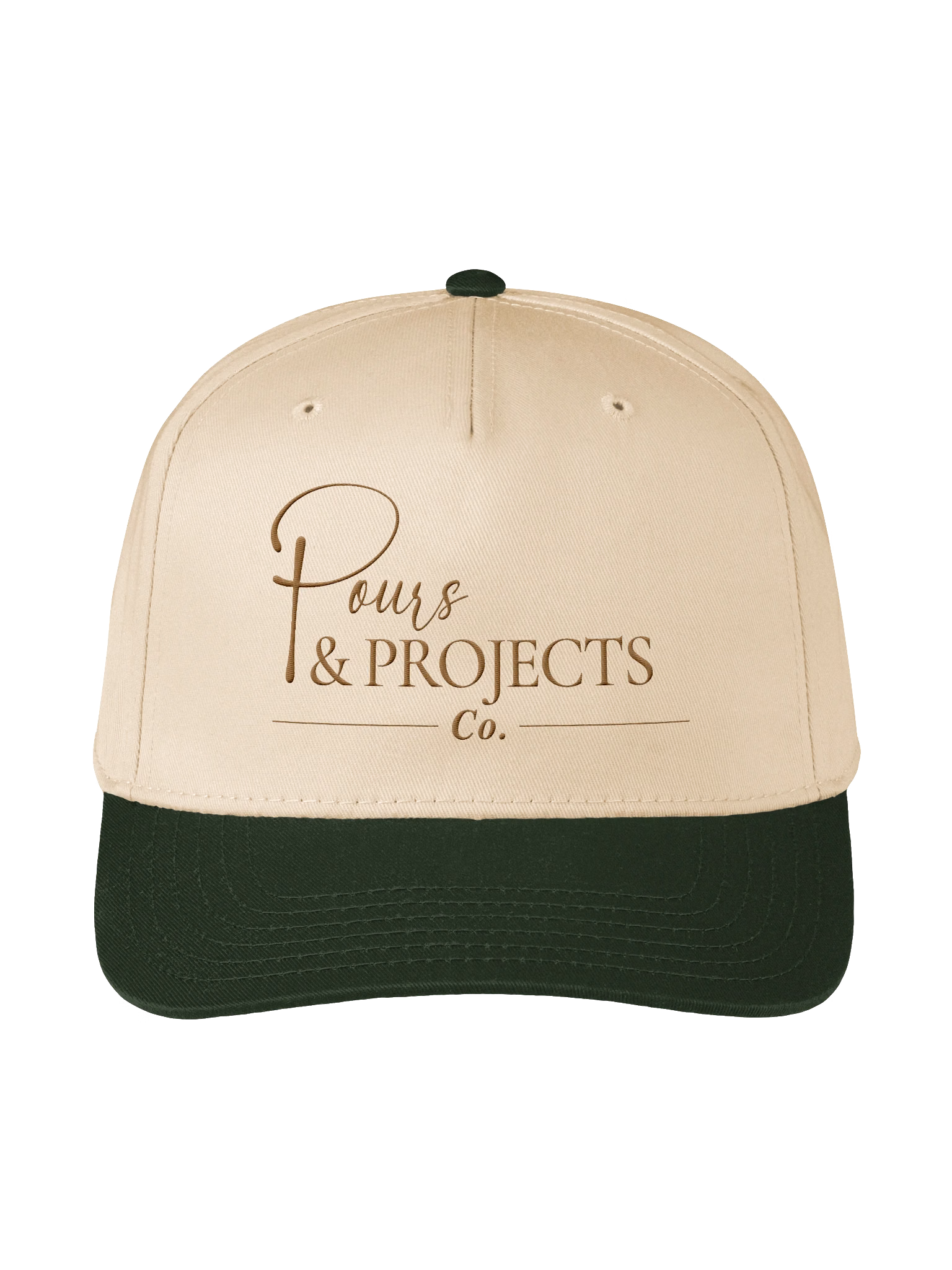 Cream five-panel cap with forest green brim, embroidered logo