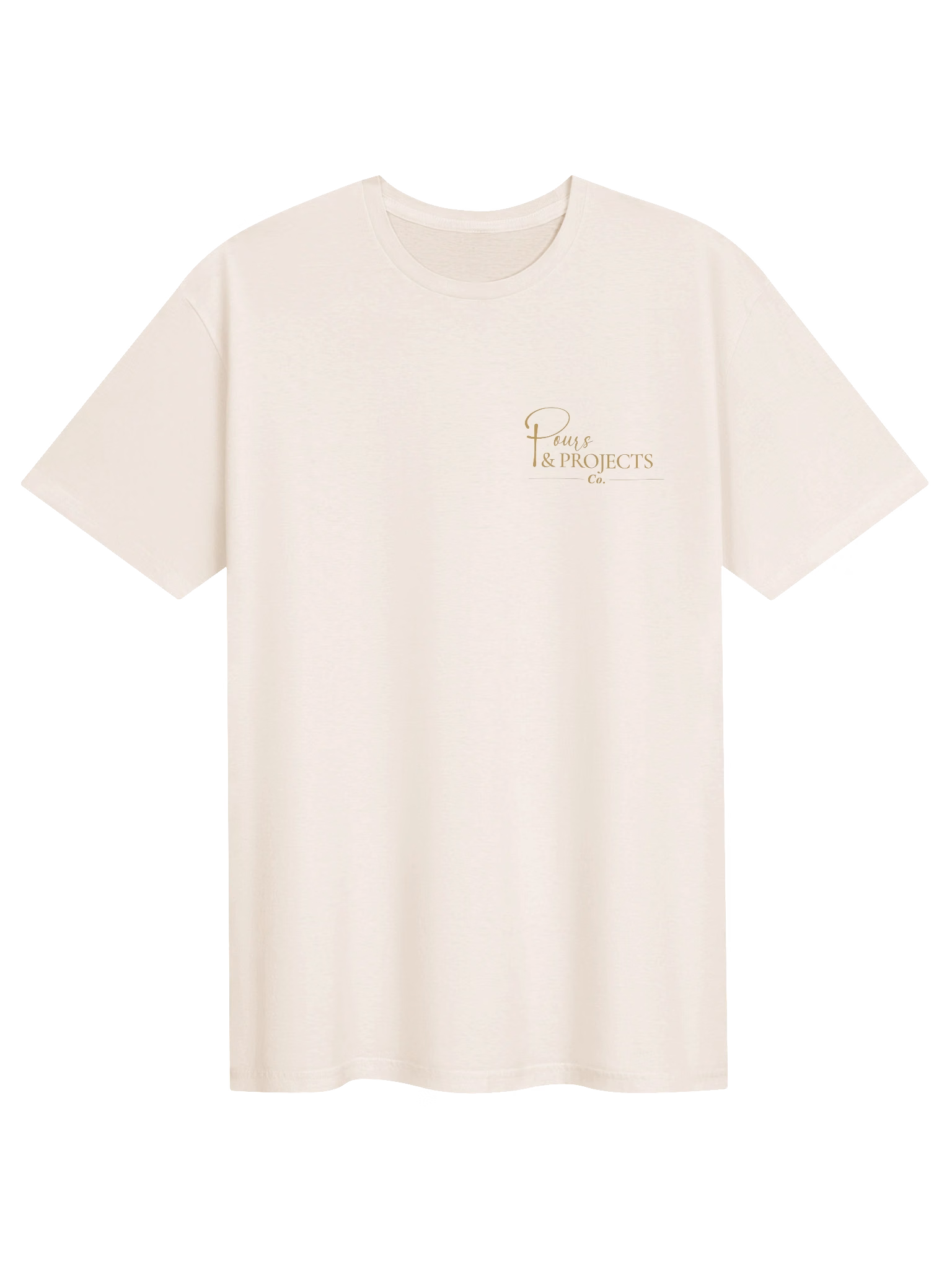 Natural cream tee with gold Pours & Projects Co. chest logo