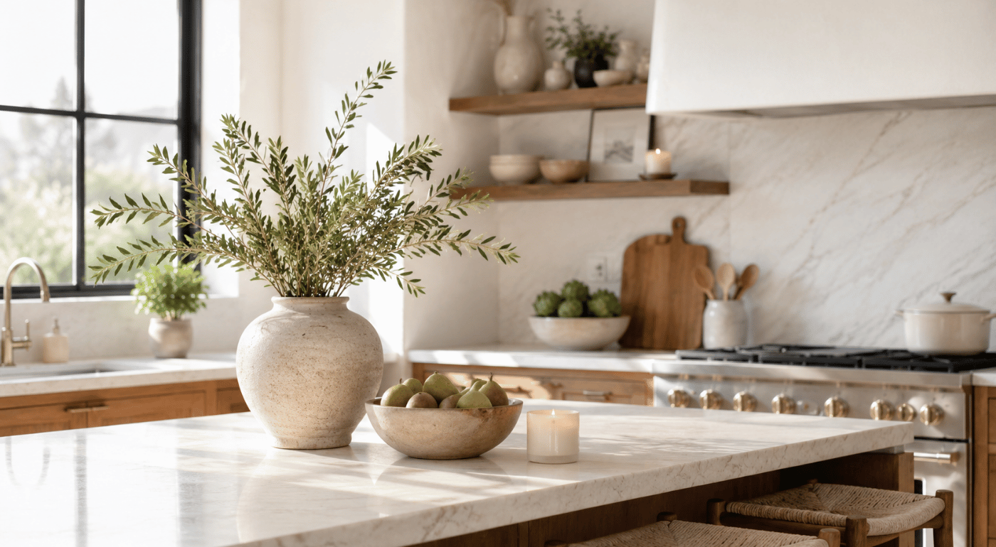 A bright kitchen island with a stone vase, olive branches, and a fruit bowl.