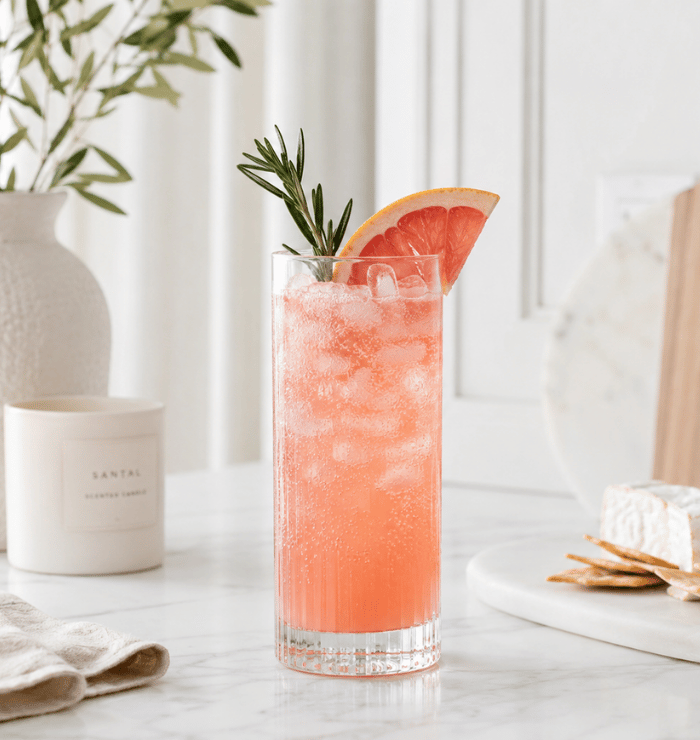 A coupe cocktail with dried citrus and a rosemary sprig in soft morning light.