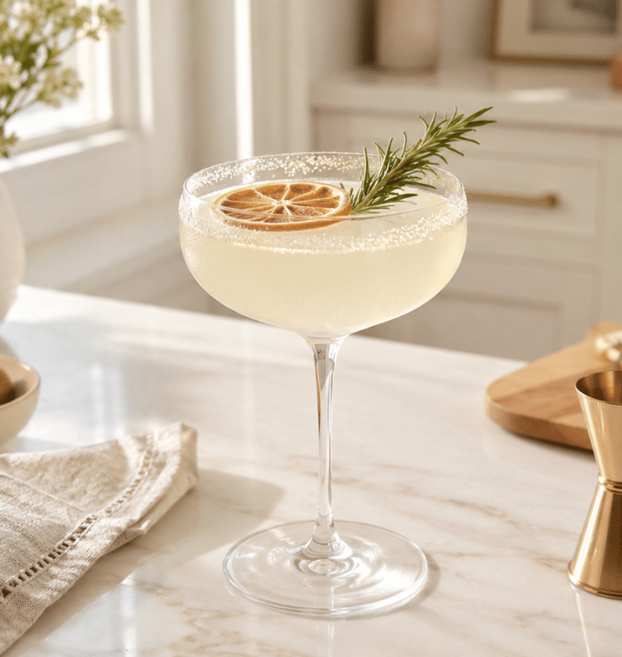 A grapefruit highball cocktail with rosemary on a marble counter.