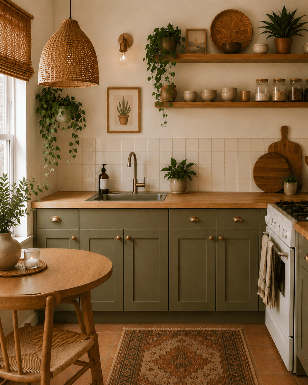 A warm kitchen with open shelves, greenery, brass details, and natural morning light.