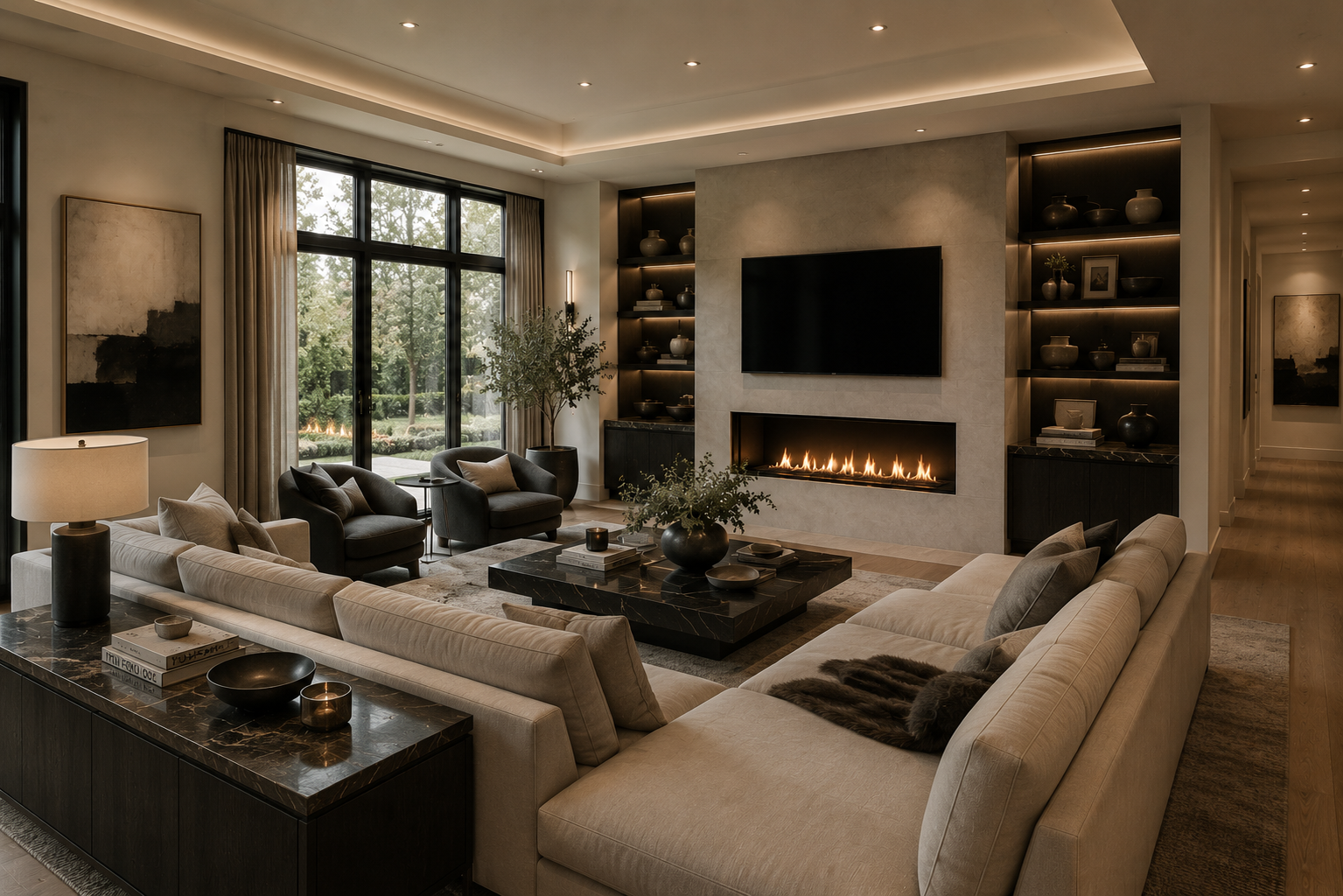 A warm, finished living room with layered lighting and considered styling.