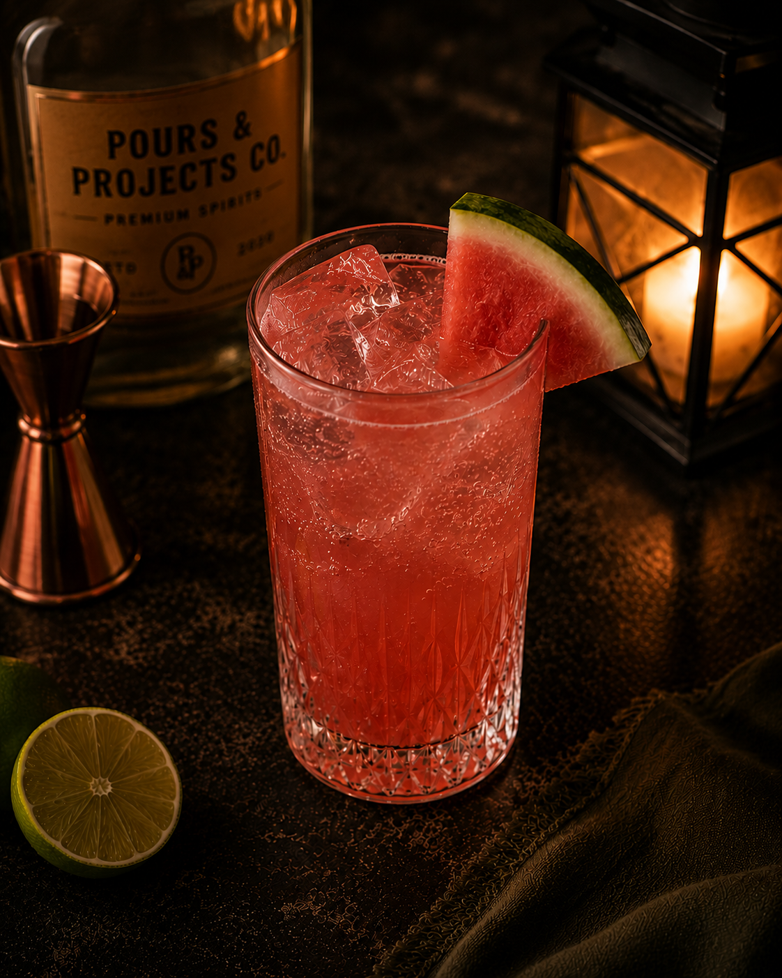 Waterline, a summer cocktail on a dark bar top.