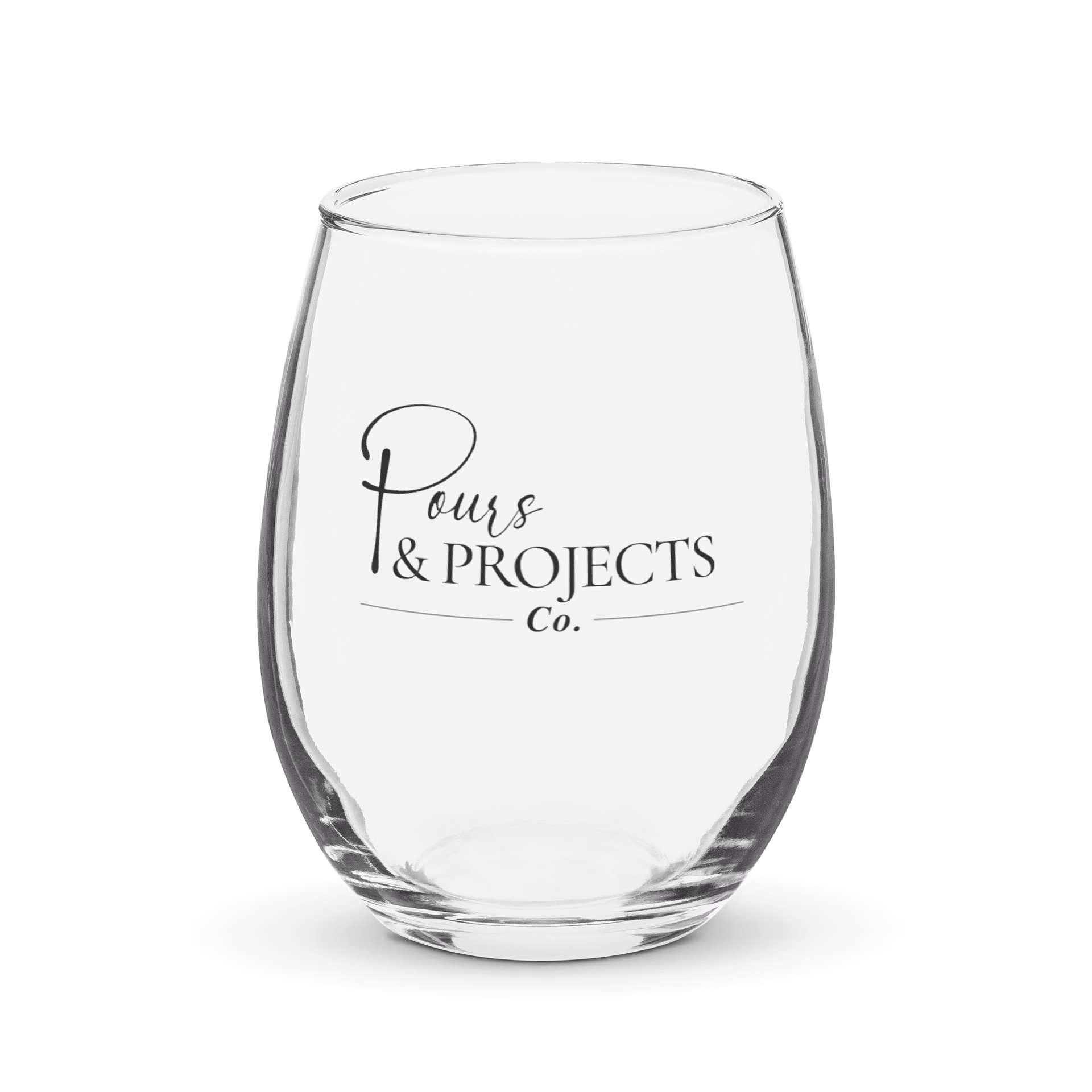 Stemless wine glass with Pours & Projects Co. script mark